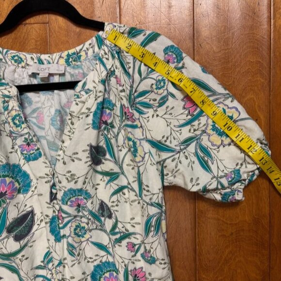 LOFT Womens Midi Dress Size M Linen Floral V-Neck Puff Sleeve Cottagecore Praire - Picture 7 of 10
